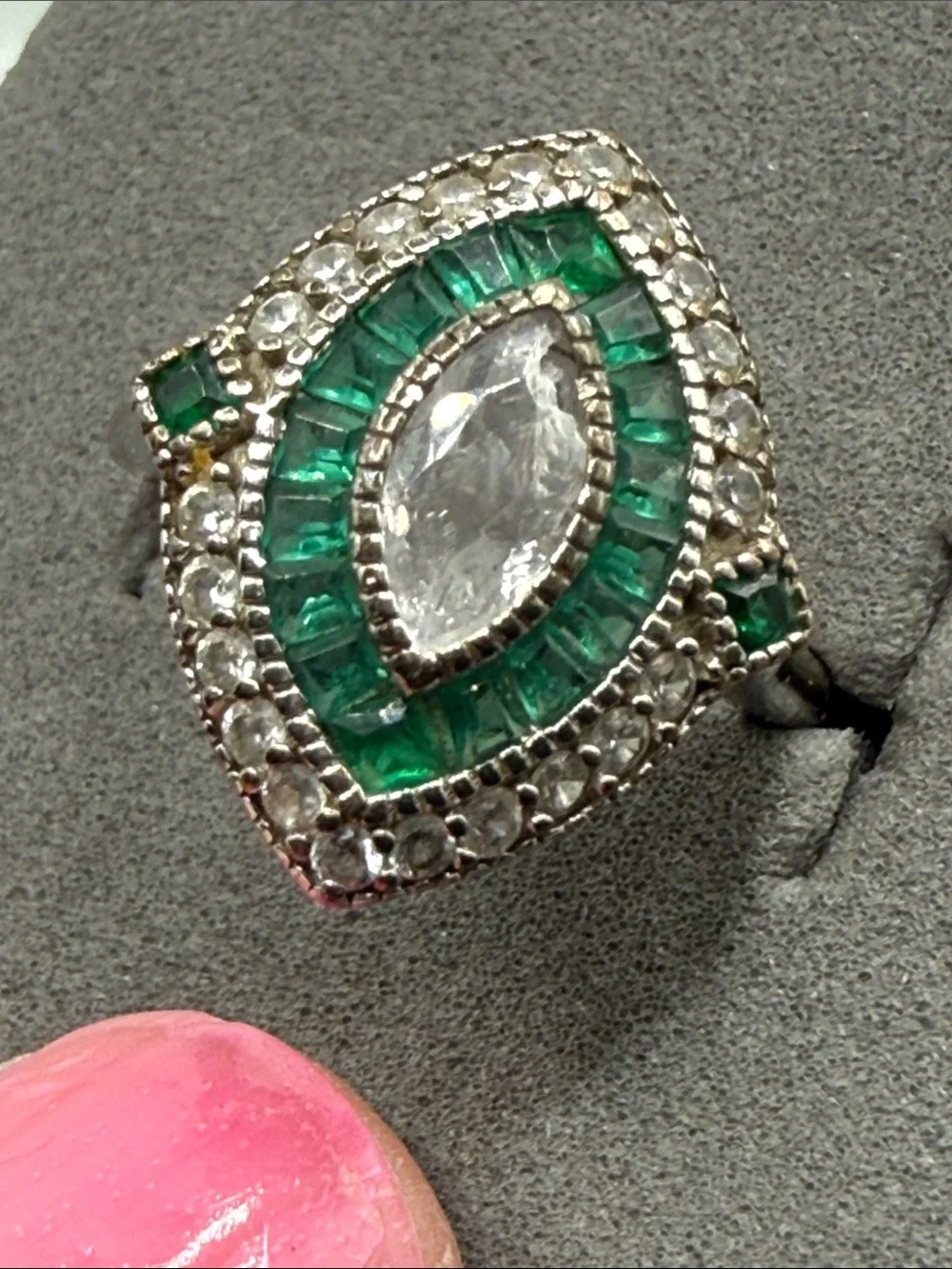 Emerald color Halo Marquise Ring Green & White art deco Statement 925 stamp Sz 5
